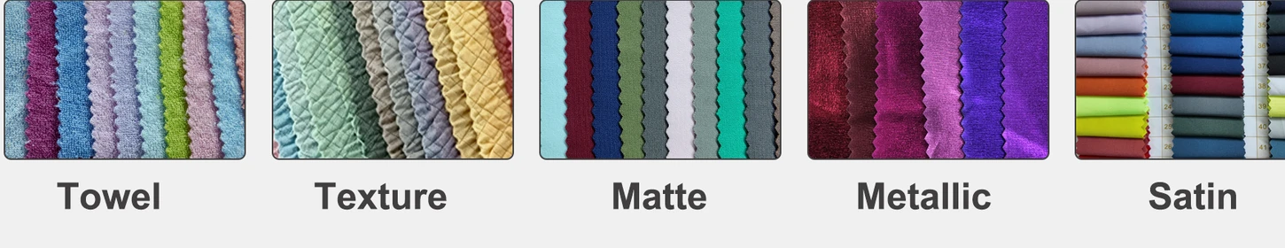 Colorful textured, matte, metallic and satin fabric swatches